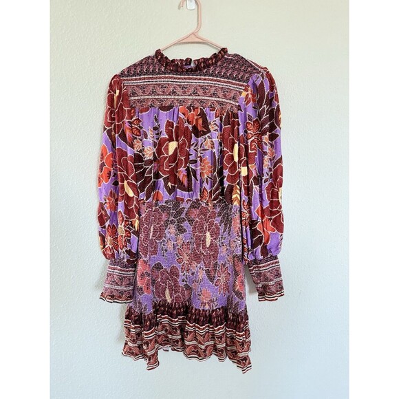 New Farm Rio Smocked Sweet Floral Lilac Long Sleeve Boho Gypsy Minidress Size L - Picture 2 of 12